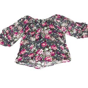 Umgee Floral Ruffle Sleeve Blouse Womens M Gray Pink Boho Off Shoulder Top